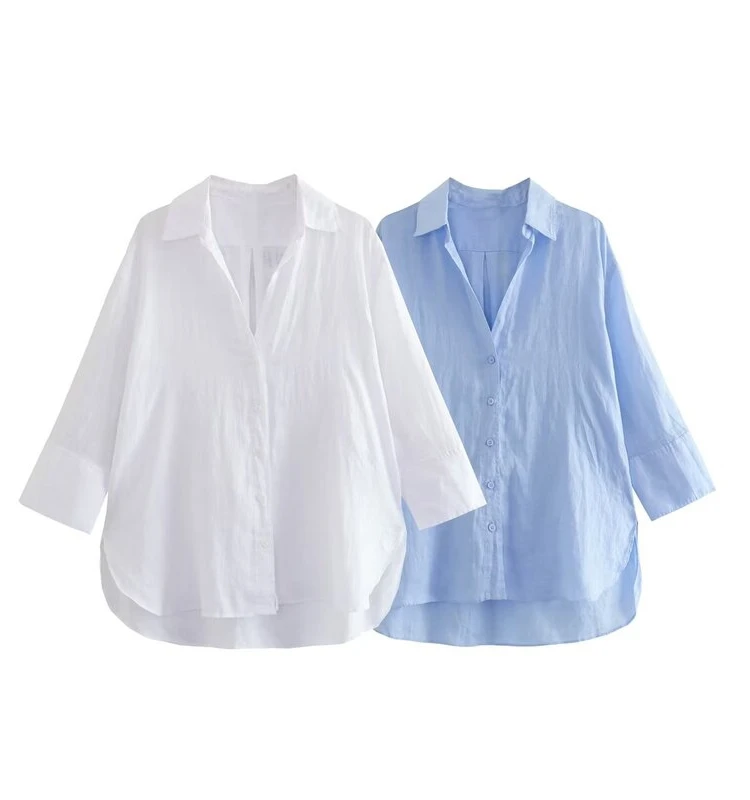 

Fall 2023 Asymmetric Hemline Linen irt Women's Ele Top Pure Color Collar Long Sve Straight Cut Faionable