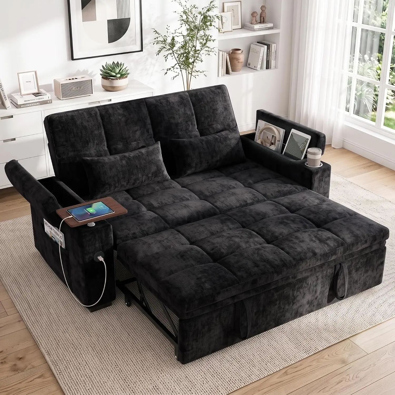 65'' Convertible Sleeper Sofa Bed with Swivel Side Table, Chenille Pull Out Couch for Living Room, Loveseat Sleeper, Customized