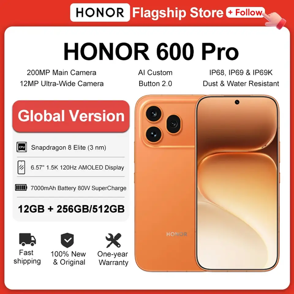 هونر 600 برو نسخة عالمية هاتف ذكي 5G سنابدراجون 8 إيليت 6.57 بوصة 120 هرتز أموليد كاميرا 200 ميجابكسل 7000 مللي أمبير 80 واط سوبر تشارج إي سيم