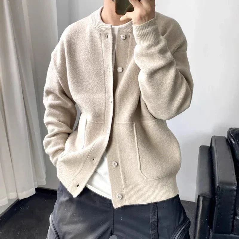 

Casual Sweater Mens Knitted Cardigan Fashion Pockets Buttoned Crew Neck Sweatercoat Men Fall Trend Solid Color Knitting Jackets