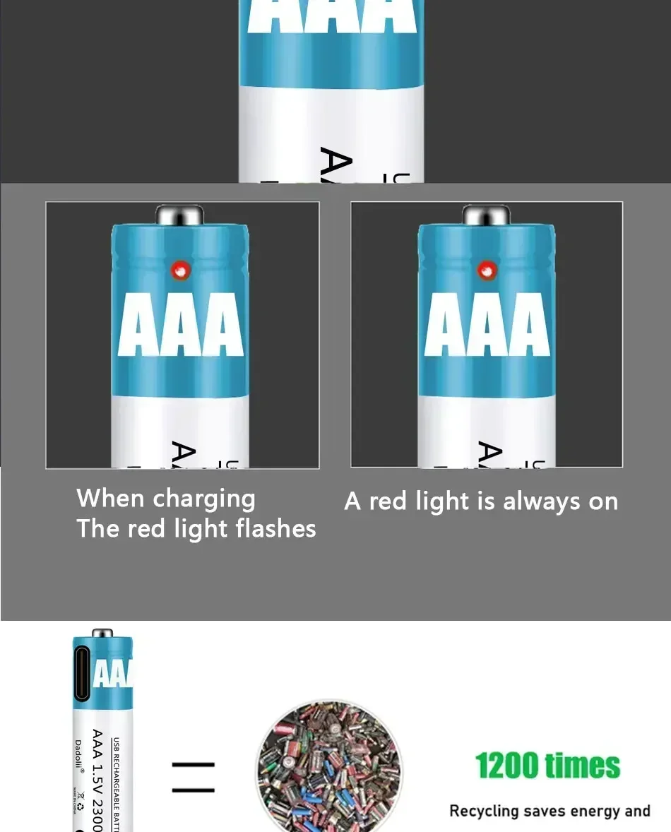 New AAA Rechargeable Battery 1.5V 2300mAh Rechargeable AAA Battery Lithium Polymer Battery Quick Charging by Type-C USB Cable