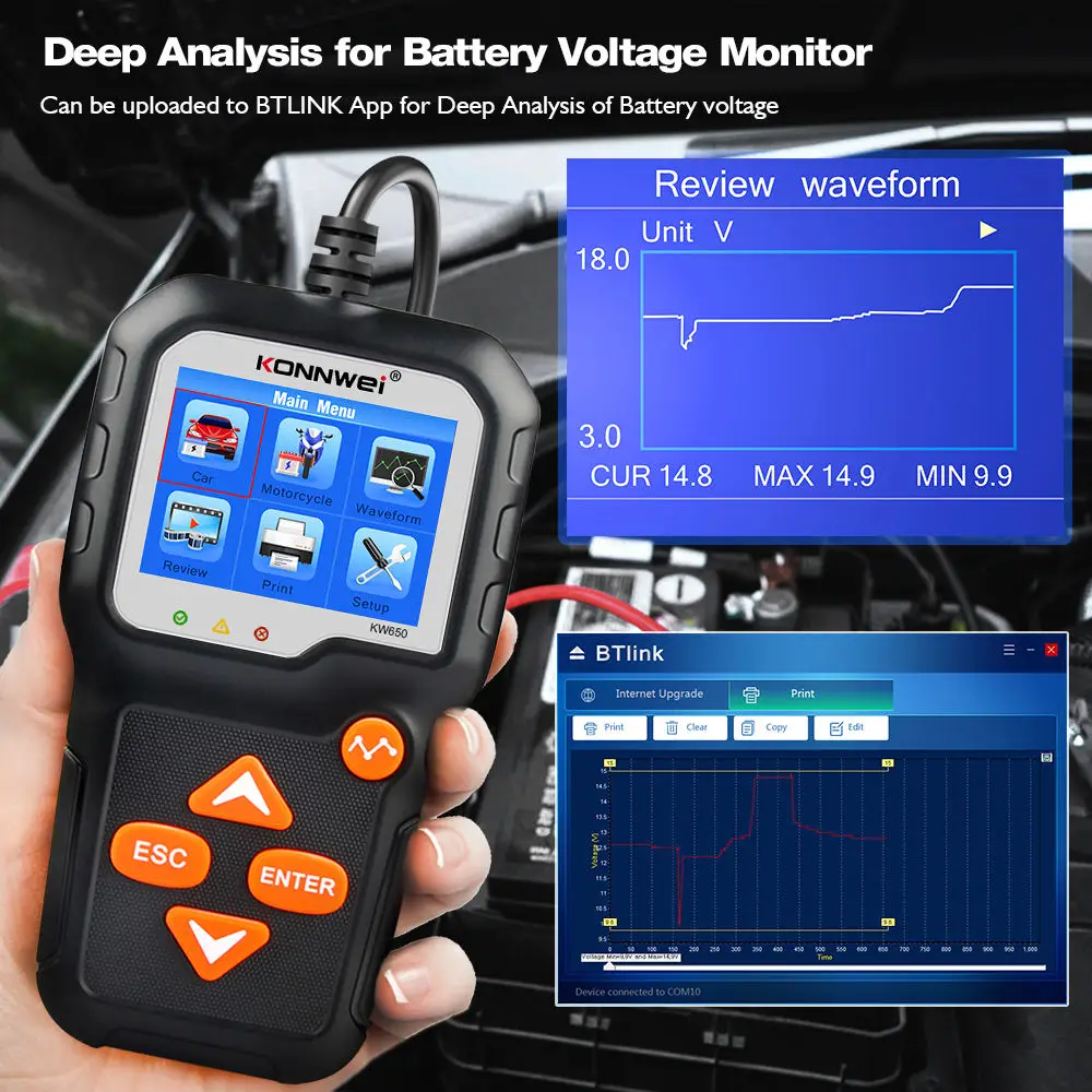 KONNWEI KW650 Car Motorcycle Battery Tester For 12V 6V Battery System Analyzer 2000CCA Charging Cranking Test Tool KW710 KW880