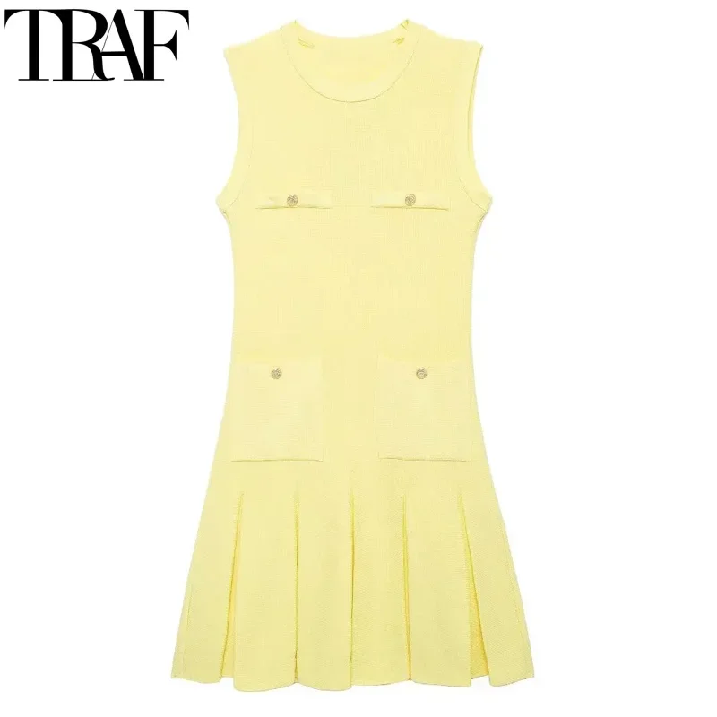 TRAF-vestidos curtos sem mangas de malha para mulheres, mini vestido plissado amarelo, gola redonda, tanque elegante, verão