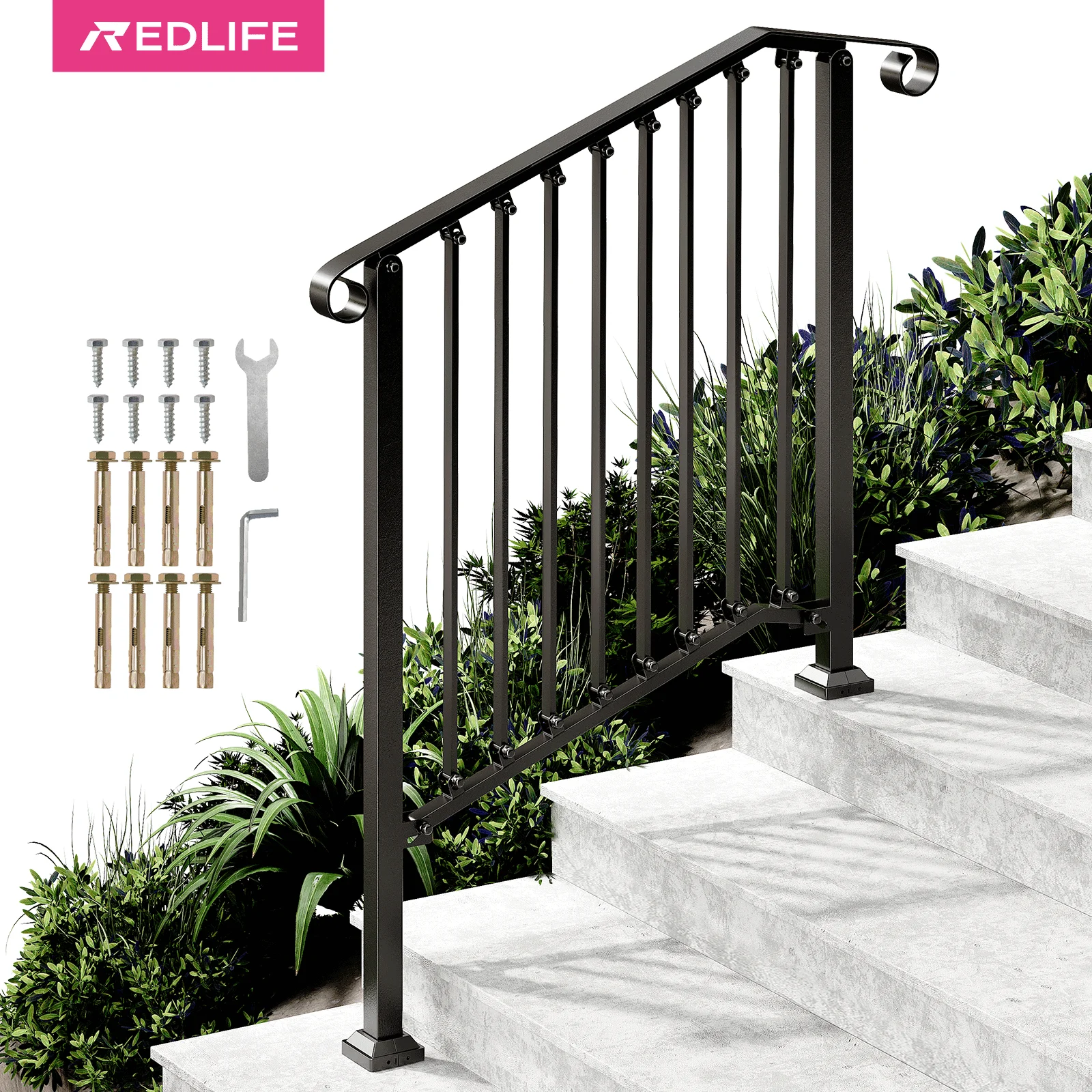 REDLIFE Handrails for Outdoor Steps Fit 2-4 Steps Outdoor Stair Railing，Wrought Iron Handrail for Concrete Steps & Wooden Stairs