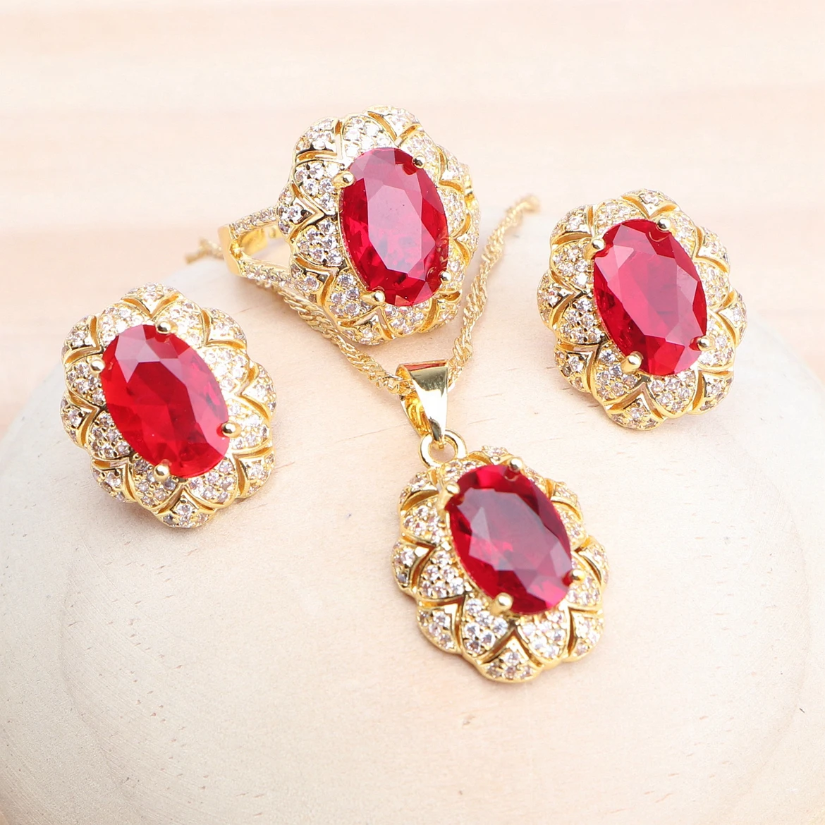 Bridal Red Zircon Jewelry Sets For Women 925 Silver Gold Color Wedding Earrings Rings Bracelets Pendant Necklace Set