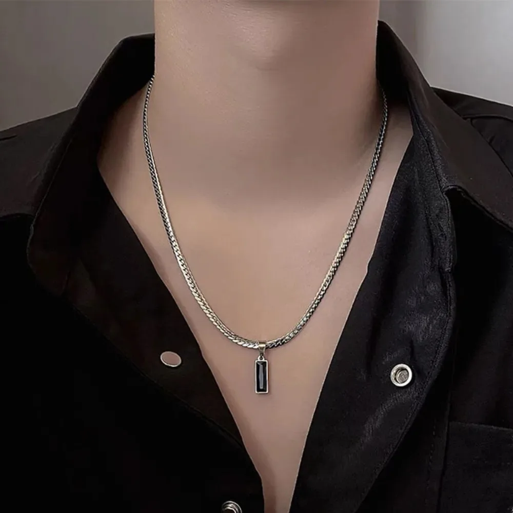 Simple Personality Black Rectangle Zircon Pendant Whip Chain Necklace for Men Women Trendy Stainless Steel Collar Chain Jewelry