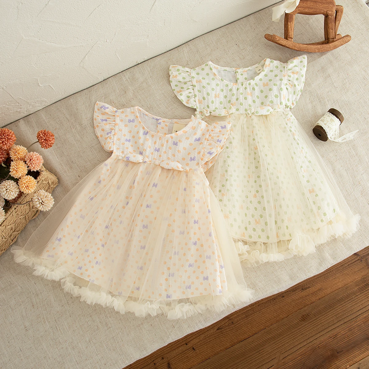 Summer New Sweet Beige Chiffon Baby Girl Princess Dress, Polka Dot Bow Children'S Sleeveless Clothes (9 Months -4 Years Old)