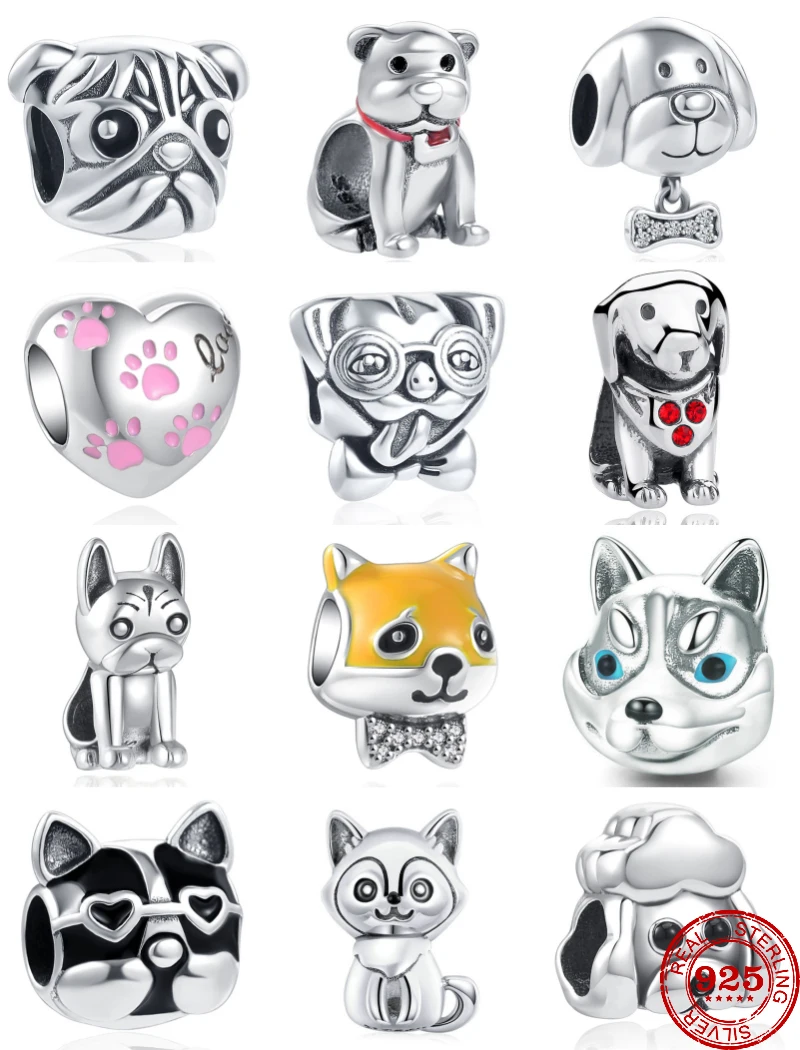 New 925 Sterling Silver Cute Pet Dog Husky Shiba inu dog Paw baby DIY Bead Fit Original Pendant Charm Bracelet Lady Jewelry Gift