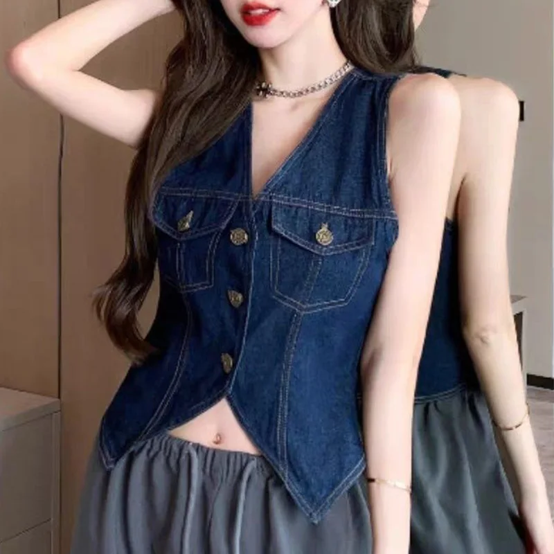 Summer Vintage Solid Color V-neck Top Tee Femme Trend Sexy All-match Sleeveless Slim Tank Top Women Clothing Casual Pocket Tops