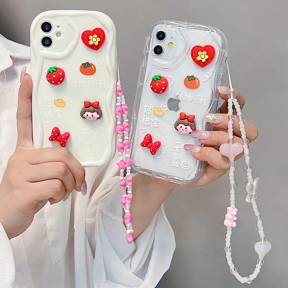 3D Strawberry Chain Lanyard Patch Wave Edge Case For iPhone 13 Case iPhone 15 14 12 11 Pro Max X XR XSMax 7 8 Plus SE 2020 Cover