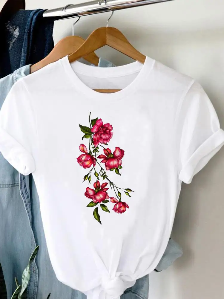 T-shirt à manches courtes imprimé fleur pour femme, joli haut graphique, chemise de dessin animé, vêtements de mode, tendance mignonne des années 90