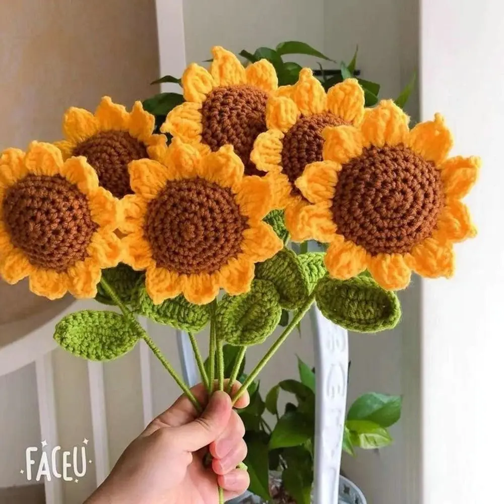 Decorate House Finished Product DIY Iraqi Cotton Hand-knitted Sunflower Bouquet Vase Ornament Knited Flower Table Fake Flowers