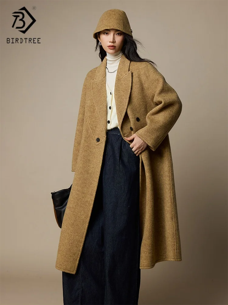 

Birdtree,Wool Blended Long Cardigan,Woman Lapel Neck Sweater,Double-side Woolen,2025 Autumn Winter Overcoat,Grey,White T5N308JF