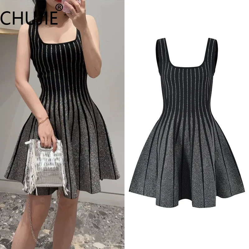 

Women's French Stripe Knit Dress 2025 - Socialite Silver Metallic Thread, Slim Vertical Strap Dress