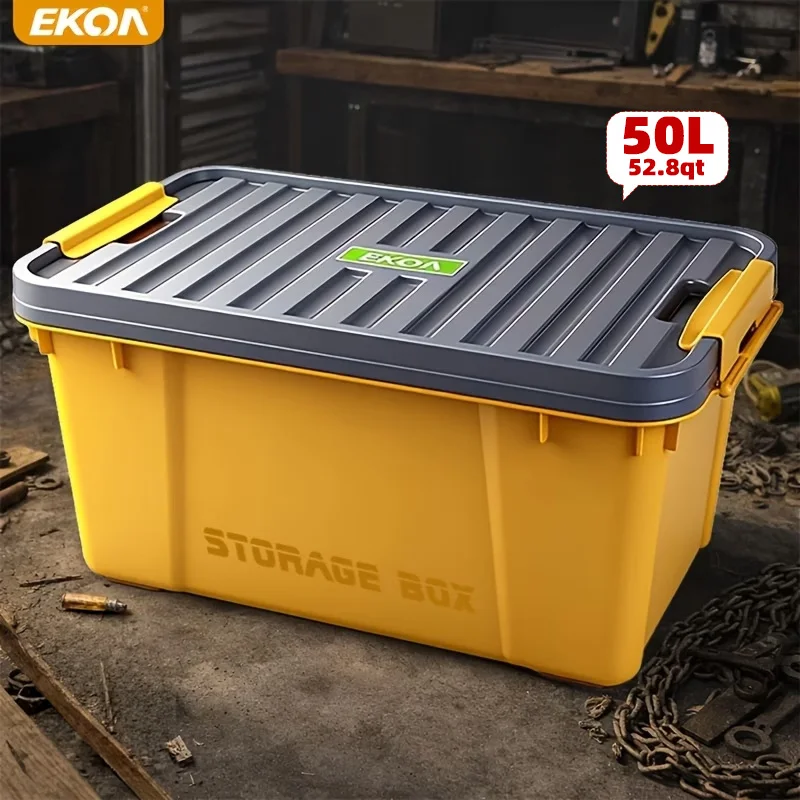 EKOA 1 Pack 50L/52QT Heavy Duty Storage Bins with Lid, Stackable Plastic Shelf, Kitchen, Workshop Clothes, Food & Tools
