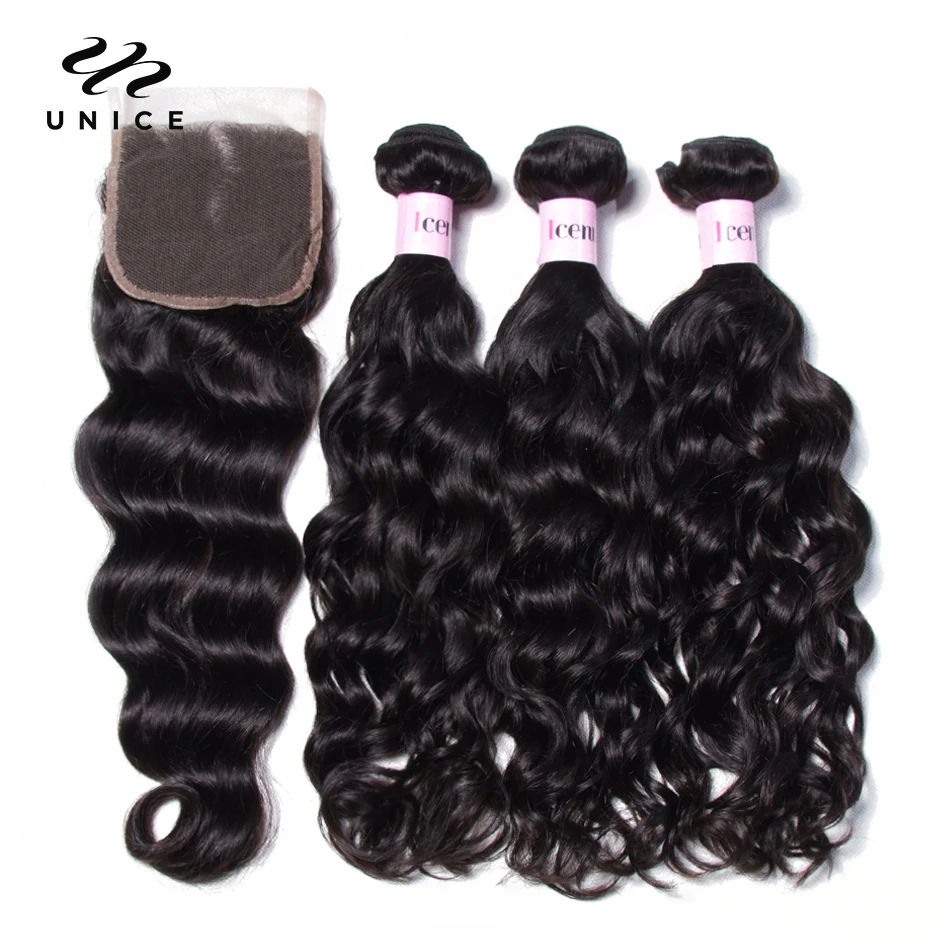 

UNice Hair Peruvian Natural Wave Closure with Bundles 4*4 Free Part Lace Closure With 3 Bundles Human Hair Weaving Virgin Hair