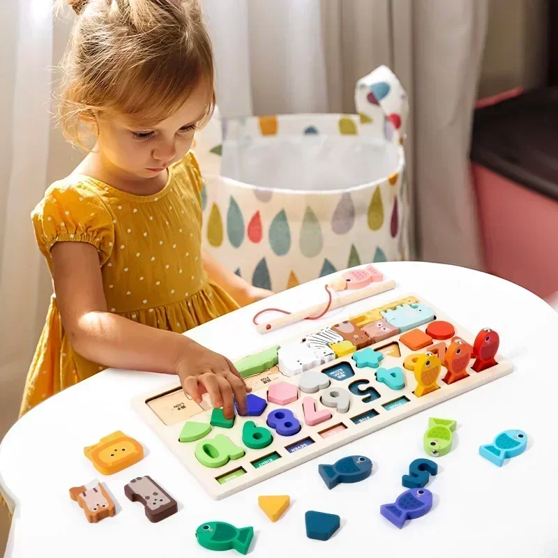 Kids Montessori Math Toys for Toddlers Educational Wooden Puzzle Fishing Toy Count Number Shape Matching Sorter Games Board Toys