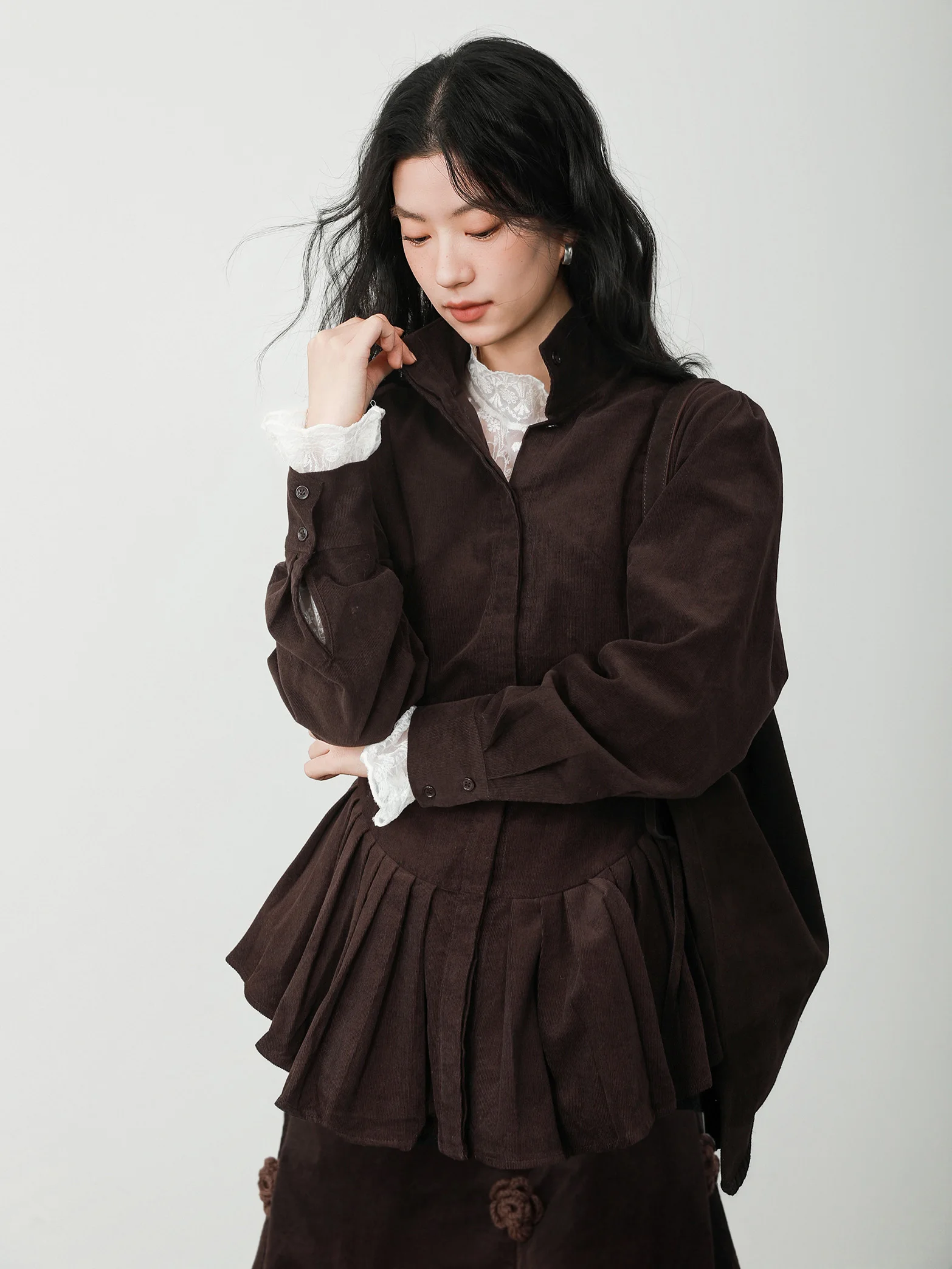 

INGKO Velvet Fog Coffee с высоким воротником irt B5D663C Женская повседневная одежда из чистого хлопка в стиле ретро с высоким воротником