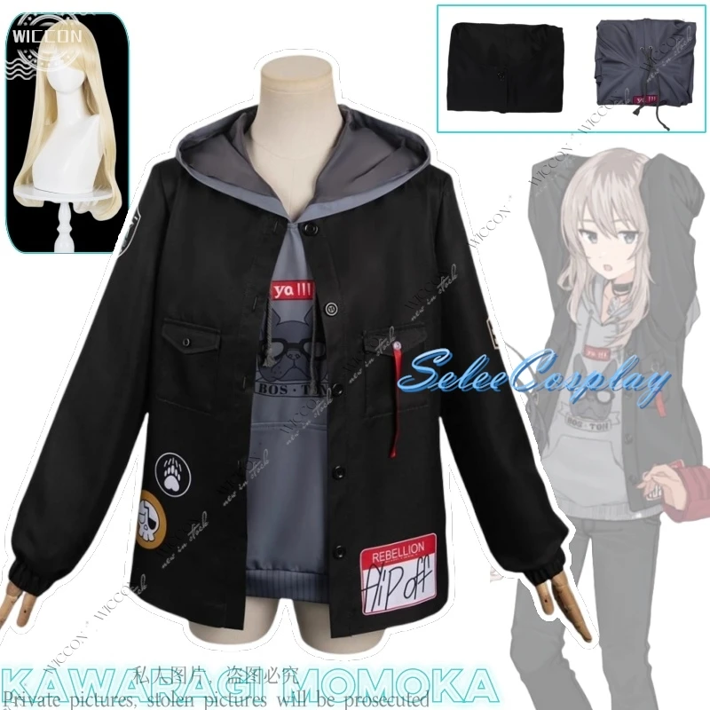 Kawaragi Momoka New Anime Girls Band Cry Cosplay Costume Black Coat Gray Hoodie Set Wig Blonde Band School Uniform Jacket Party