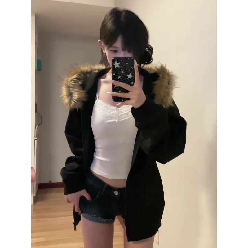 American Vintage Harajuku Letter Print Hoodeds Autumn Winter New Street Ins Style Black Coat Oversized Women's Casual Outwear