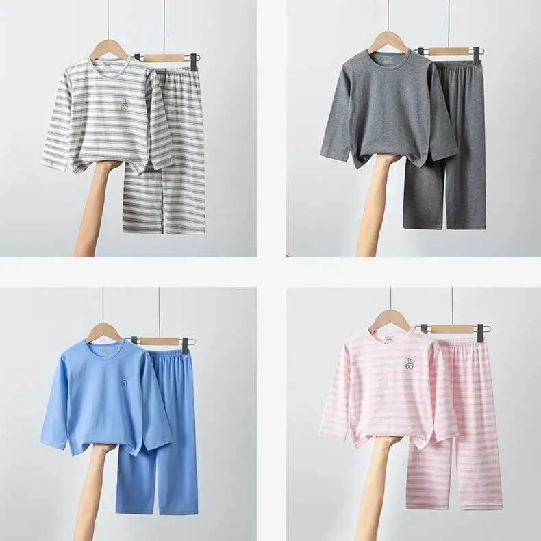 Sommerliche, atmungsaktive Kinder-Loungewear aus reiner Baumwolle, Set mit langen Ärmeln und Hosen für Mädchen und Jungen, Baby-Klimaanlagenkleidung, Schlafanzug. – Detail 9