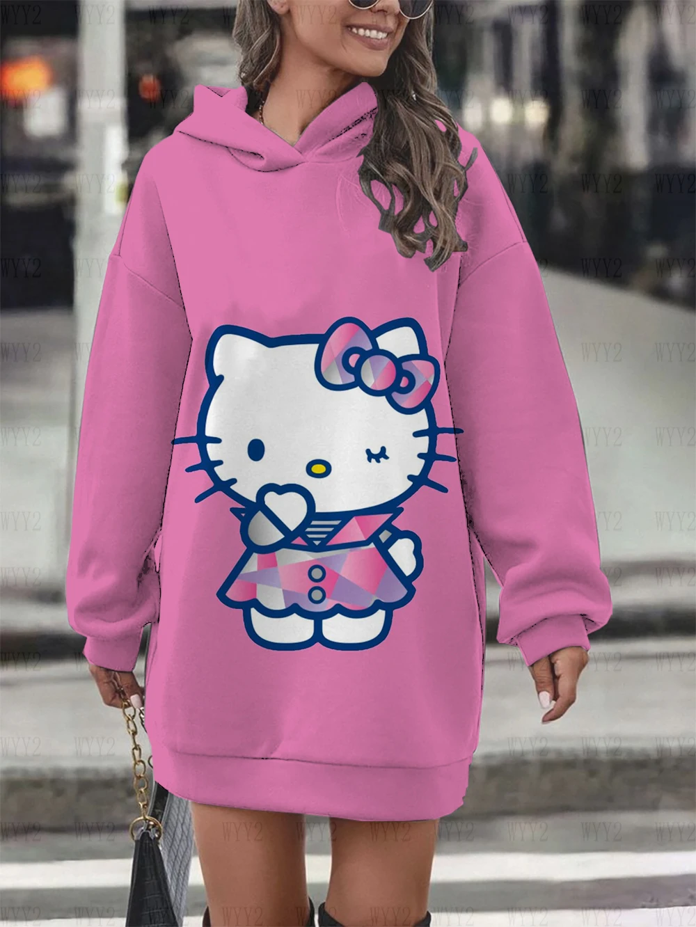 2024 Women\'s Street Style Casual Fashion Clothing Hello Kitty Print Women\'s Hooded Dress Sweater Warm Winter Clothing