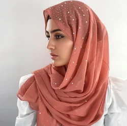 70 * 170CM Malaysia Indonesia Pearl Chiffon Material Wrap Head Gauze Cloth Hot Drill Porcelain Embellished Decorative Fashion