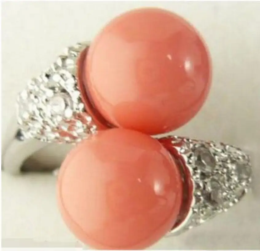 

Jewelry Double Pink Coral Bead Ring Size 7# 8# 9# -Bride jewelry good