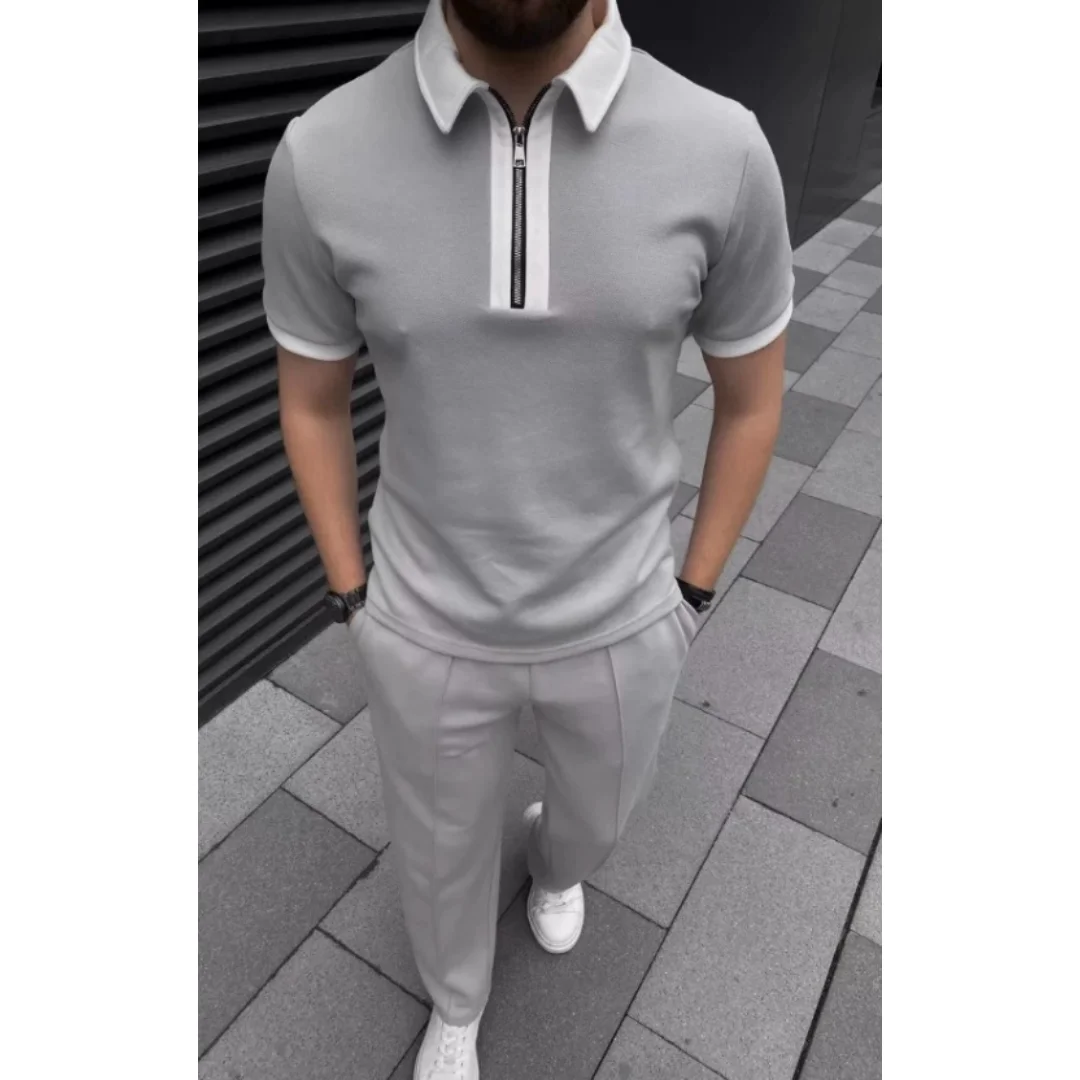 New Men's Short sleeved Polo Shirt Color blocked Street Wear Lightweight Collar T-shirt Men's Summer Jogging Sports Set