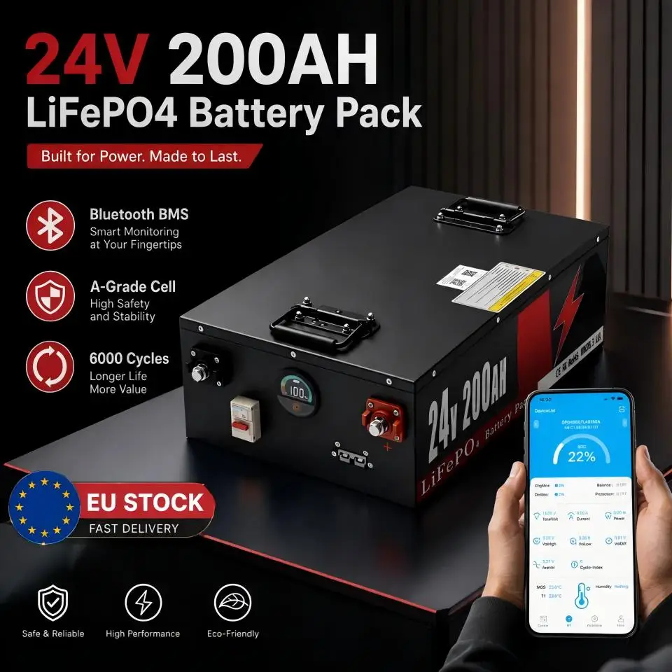 24V 100Ah 200Ah LiFePO4 Batteriepack mit integriertem Bluetooth-BMS, 6000+ Zyklen für Solarenergiespeicher, Wohnmobile, Golfcarts, Boote, Camper, Marine-Trolling-Motoren, Off-Grid-Anwendungen