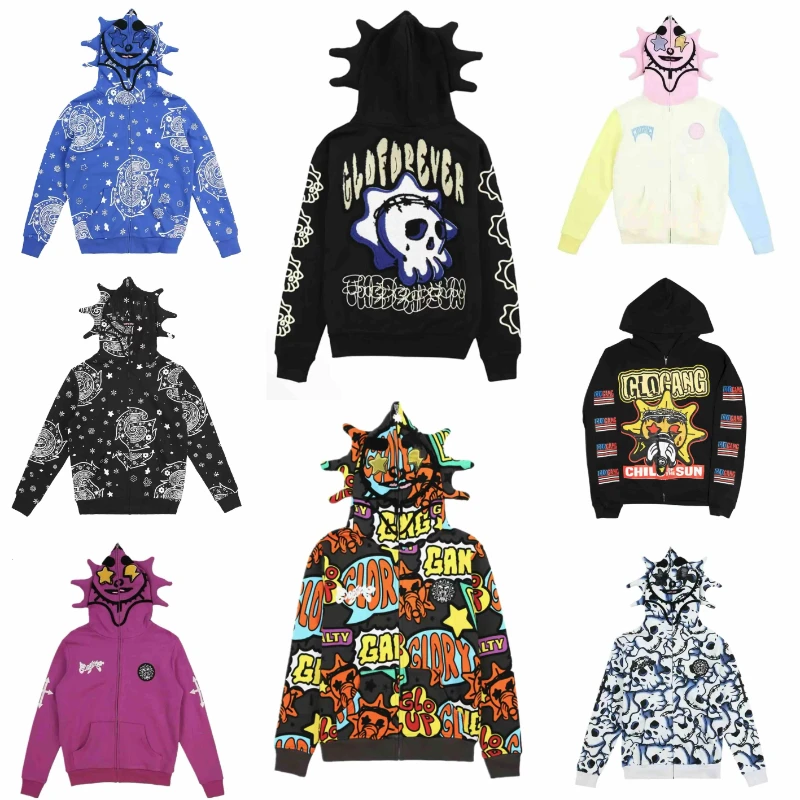 Gothic Punk Sweatshirt Streetwear Women Print Long Sleeve Hoodies Casual Zipper Jacket Hooded Tops Y2K Skull Unisex Cardigan