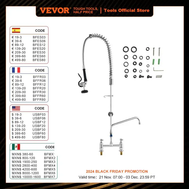 VEVOR Commercial Faucet with Pre-Rinse Sprayer 44 In Height 8 In Center 12 In Swing Spout Deck Mount Kitchen Sink Faucet Brass