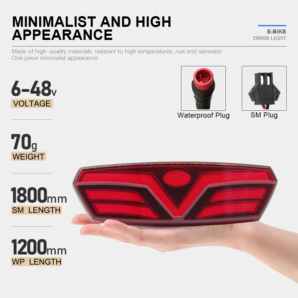 

6 В-48 В задний фонарь для электронного велосипеда DR006 ABS задний фонарь с 2-контактным водонепроницаемым/SM-разъемом для электрического велосипеда, скутера, задние фонари, аксессуары