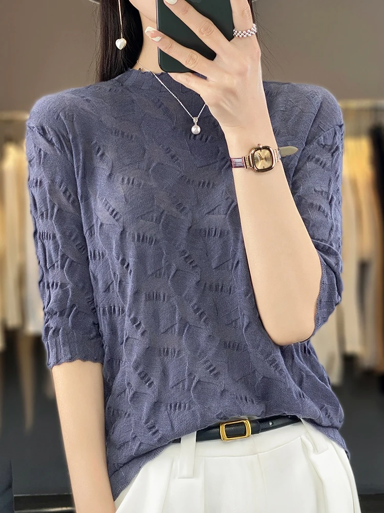 

Summer 2025 New Loose Woolen Knitted Folded Svel T-irt Women's f High Collar Five-Sve Loose under irt