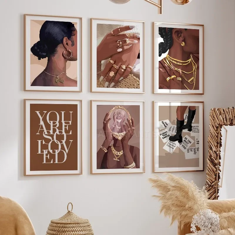 1pc  frameless Canvas Painting Fashion Black Girl Diamond Teeth Nail Jewelry Gold Pop Art Canvas Painting Poster And Prints Wall