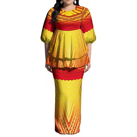 Pacific Art Island Retro Pattern Puletasi Floor-Length Dress Hawaiian Cocktail Party Fiji Tonga Women'S Evening Dress Set