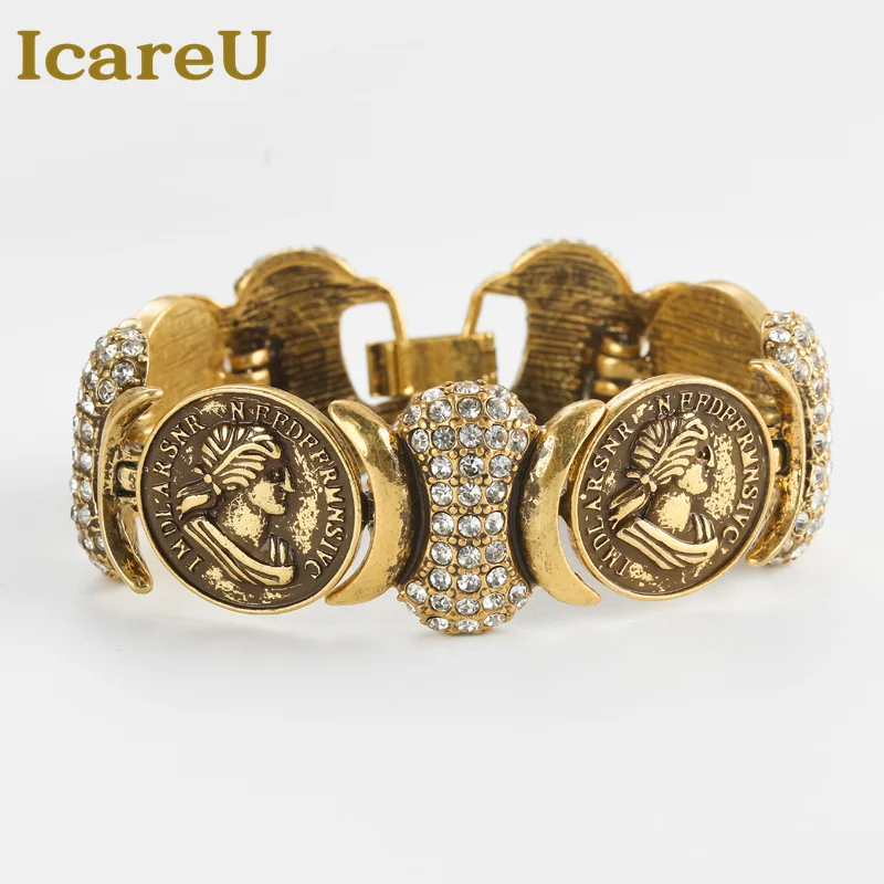 

IcareU винтажные браслеты с древними монетами для женщин, круглый портрет, античный золотой цвет, роскошное качество, дизайнеры, новинка 2023 года