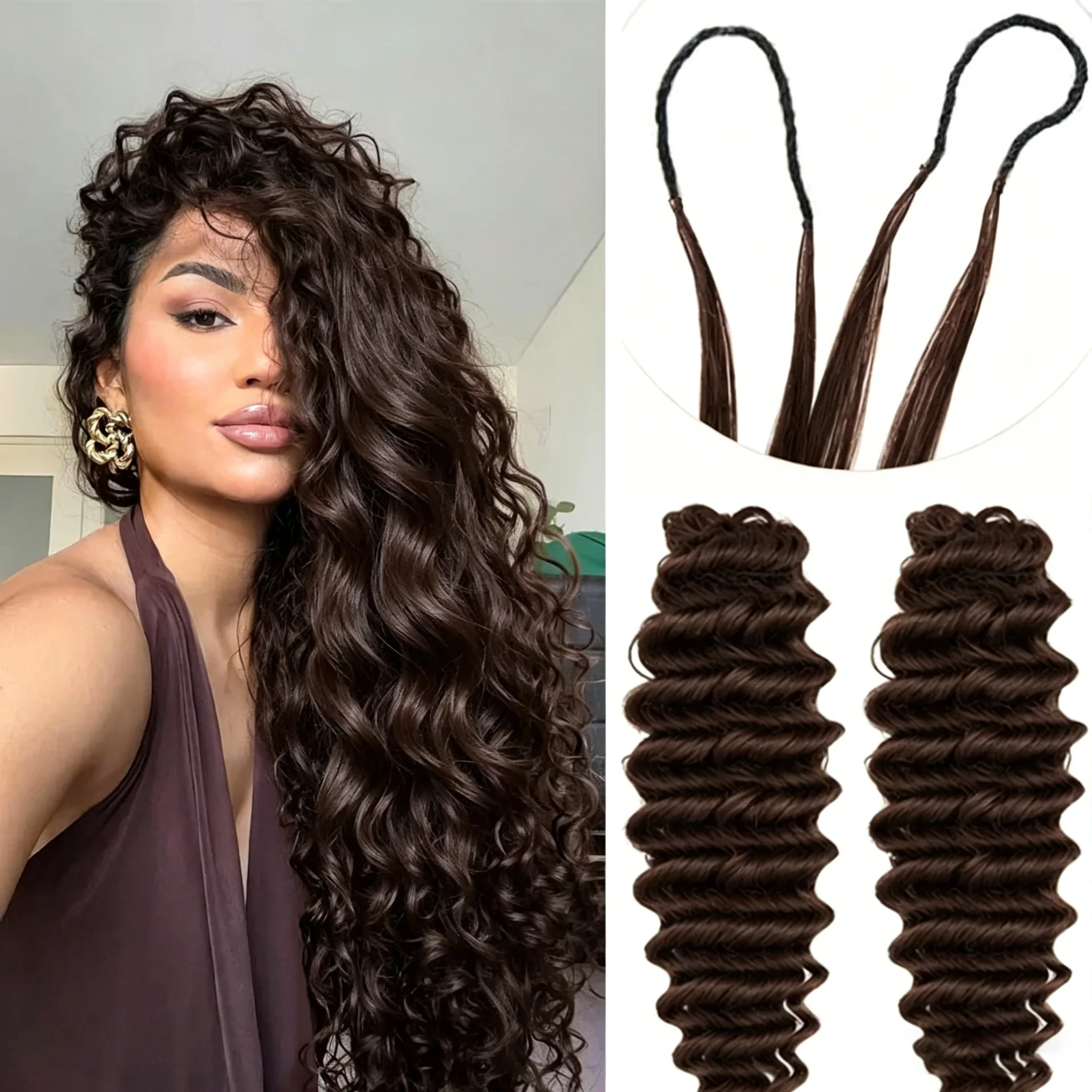 Smilegirl – Nouveaux Bundles de Cheveux Humains Légers Sans Nœuds, Ondulés, Effet Plume, pour Tresses Bohèmes # 4 mèches de cheveux brun chocolat en vrac