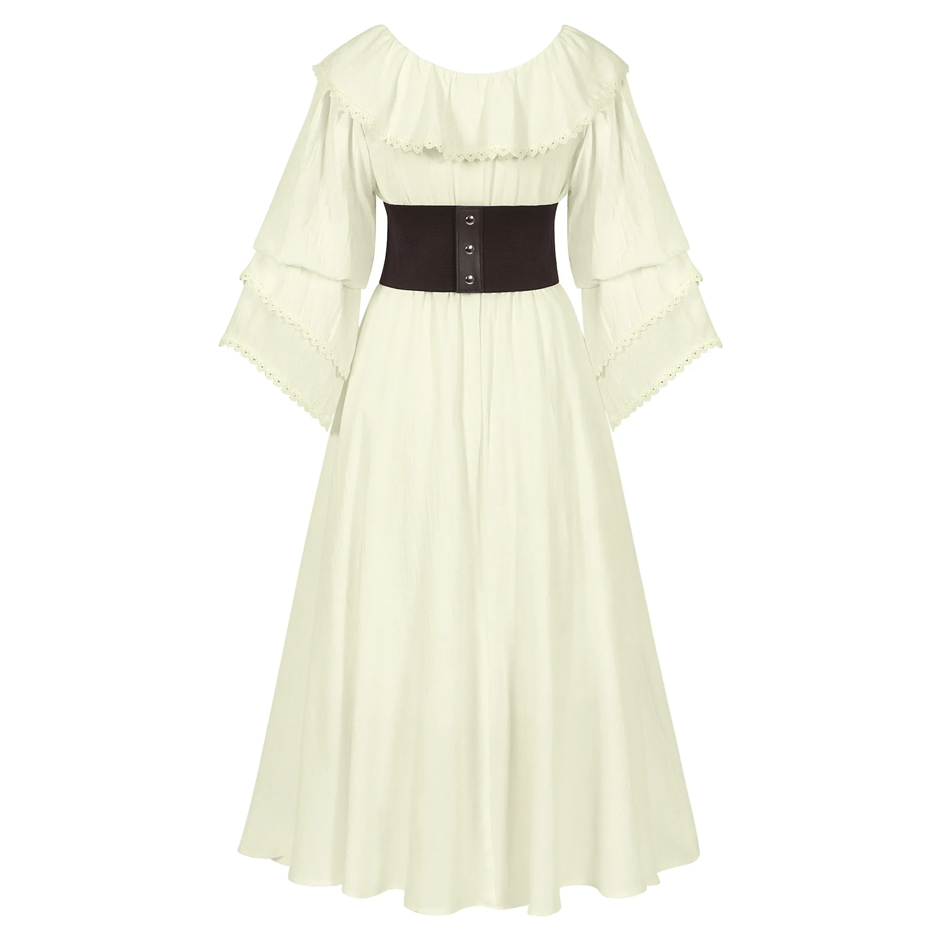 فستان صيفي بياقة دمية جديدة مكشكش وأكمام طويلة من عصر النهضة ومقاس كبير