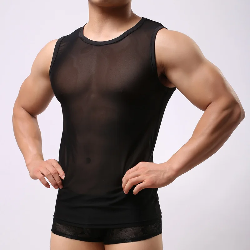 شبكة شير تانك القمم للرجال مثير شفافة أكمام واسعة الكتف جولة الرقبة مطاطا المجهزة سترة رقيقة جدا سريعة الجافة القمصان #3