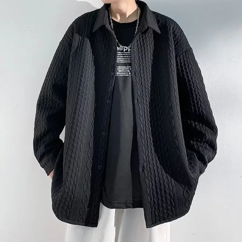 

Весенне-осенние однотонные мужские рубашки, куртка, корейская повседневная свободная рубашка большого размера с длинными рукавами, пальто Y2k, японская уличная мужская одежда