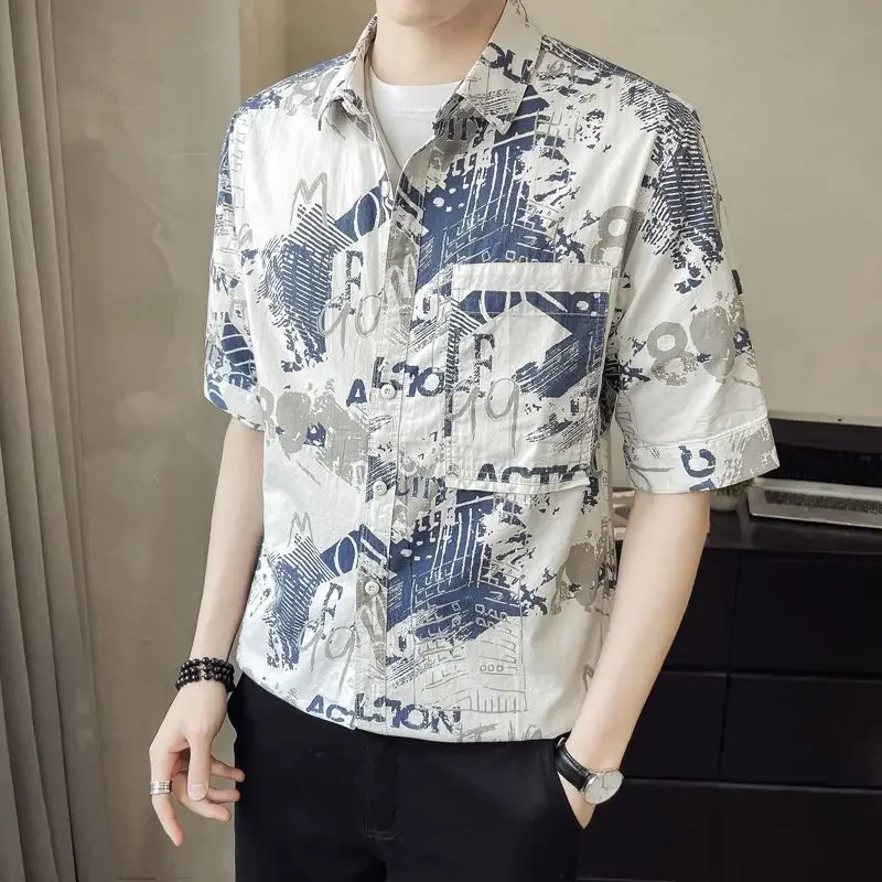 

Short Sleeved Shirt Men's Trendy Korean Style Casual Five Quarter Sleeves Shirt Summer Handsome Lapel Fashionable Printed Tops