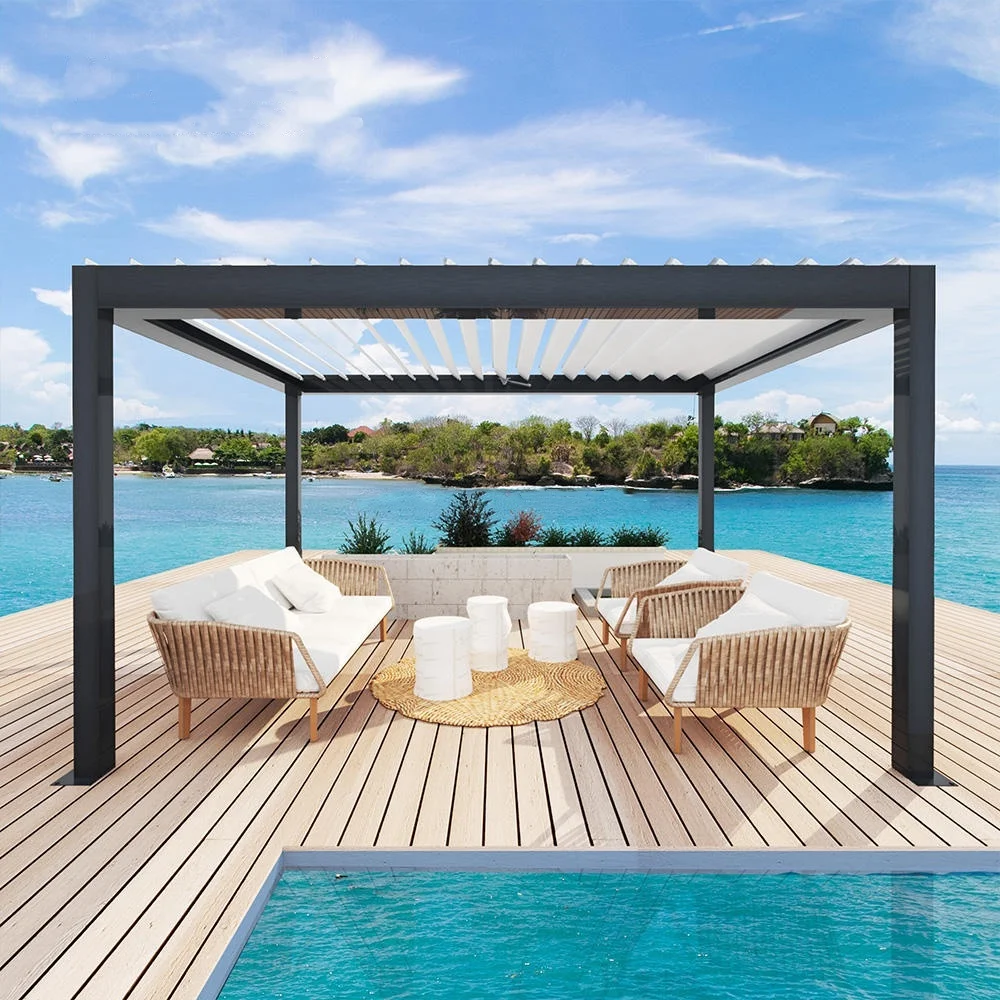 Aluminum Powder Coated Pergola Gazebo With Rotating Louver Roof And LED Lighting For Outdoor Garden And Backyard Use