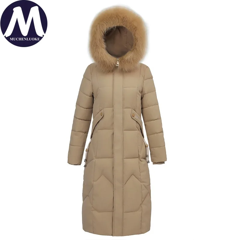 เสื้อแจ็คเก็ตดาวน์ฤดูหนาวสำหรับผู้หญิง ดีไซน์หรูหรา มีฮู้ด แต่งขนเฟอร์ หนา อุ่น ทรงเข้ารูป สไตล์เกาหลี ความยาวปานกลาง