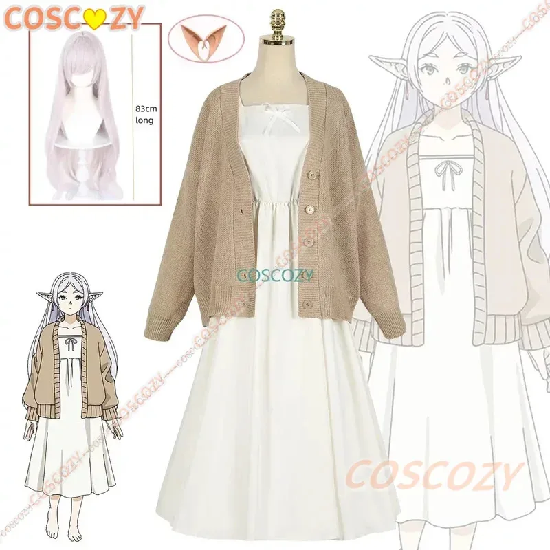 

Frieren At The Funeral Anime Frieren Cosplay Costume Halloween Christmas Gift Fancy Long Dress and Knitwear Sweater Wig Set