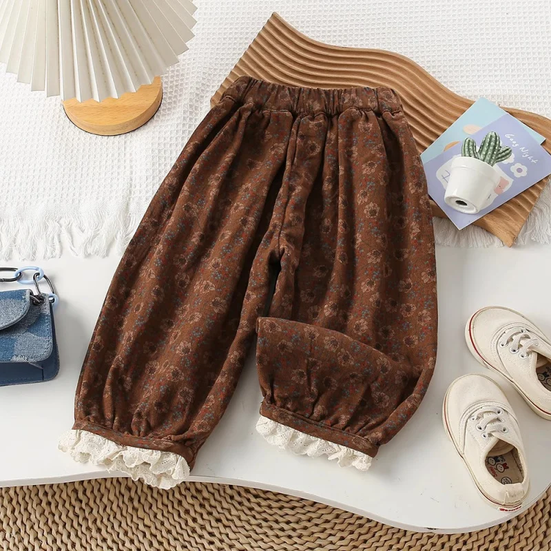 

Kxkm-Baby Girl Lace Grandma's Pants Western Style All-Matching Floral Bloomers Autumn Trousers Ankle-Tied Autumn Popular Pants