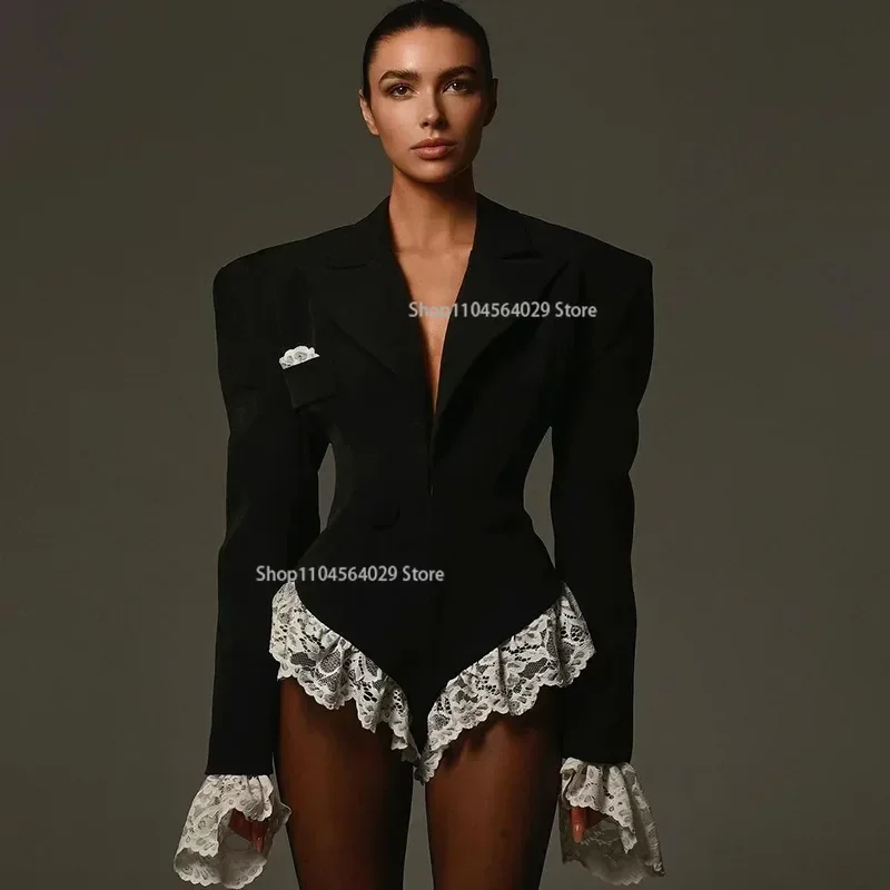 

The latest model of 2025 Women Sexy Lace Patchwork Blazer Bodysuits Top Jumpsuit top Suitable for all seasons