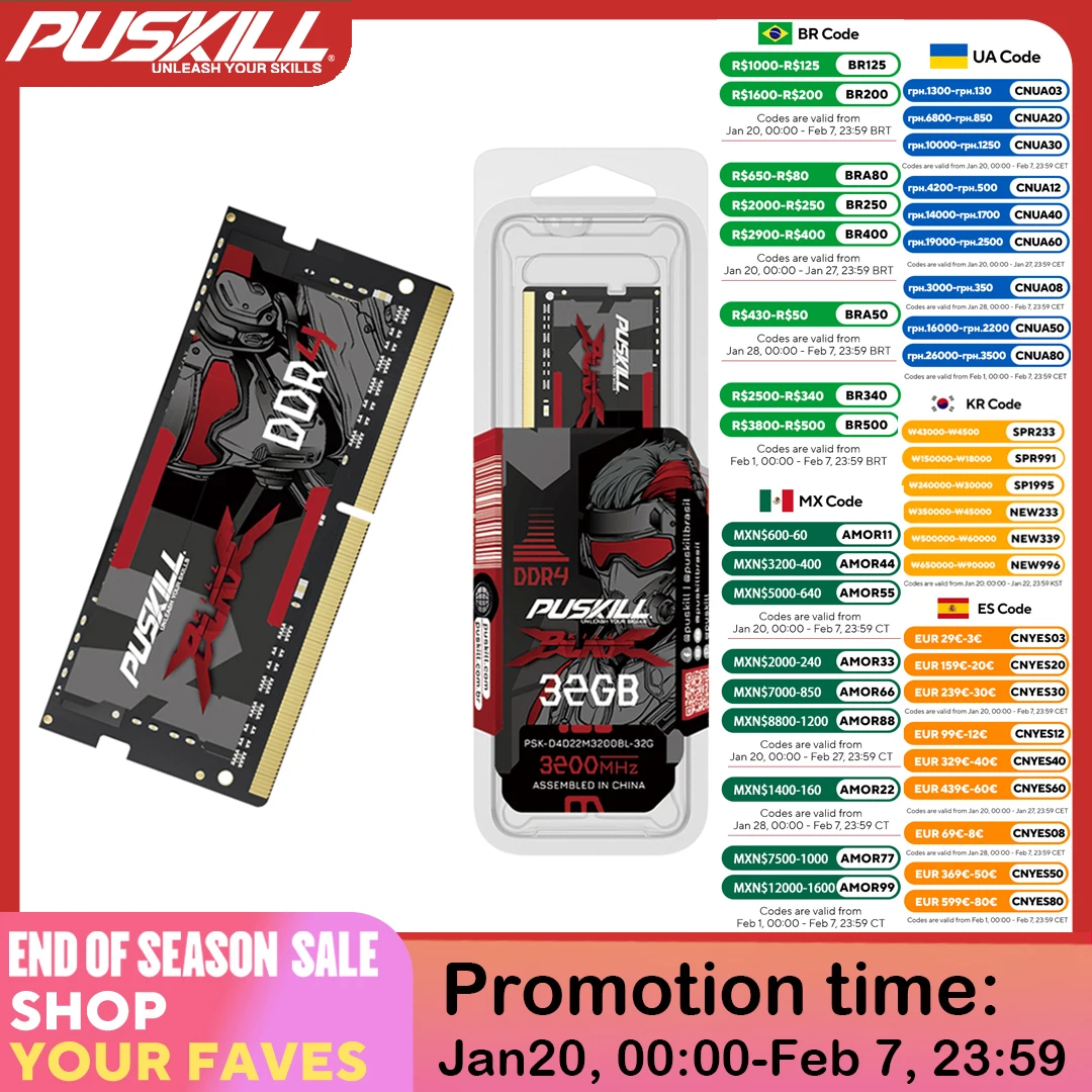 PUSKILL Memoria Ram Notebook DDR4 DDR3L 16GB 8GB 4GB 32GB 3200 2666 2400 1600 1333 Memoria para computadora portátil Sodimm