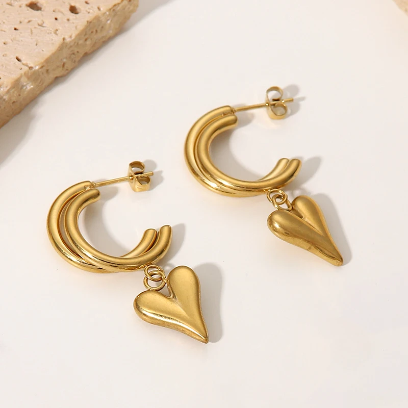 Vintage Golden Stainless Steel Waterproof C Shaped Heart Pendant Hoop Earrings for Women Sweet Heart Studs Fashion Jewelry Gift - Image 6