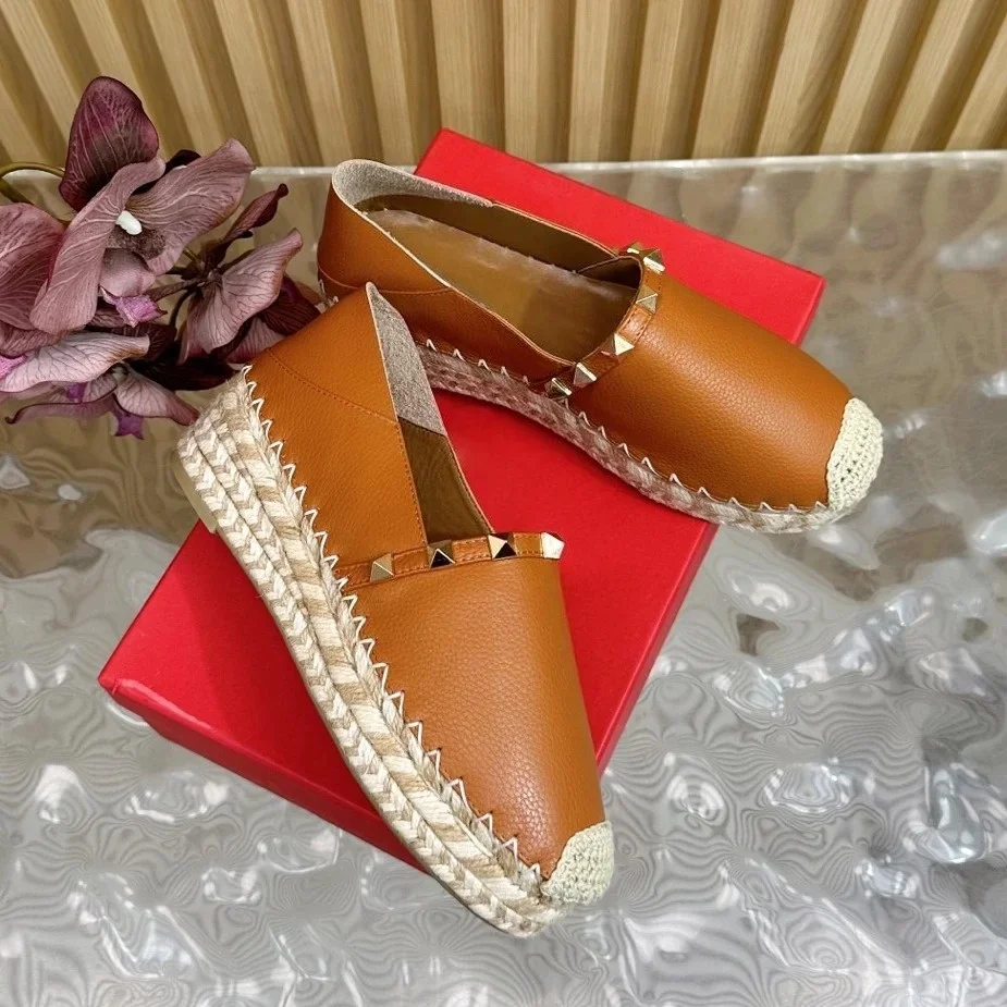 JP GPBD Top Quality 2026New Genuine Leather Rivet Platform Loafers Shoes Shallow Espadrilles Fisherman Shoes De Mujer